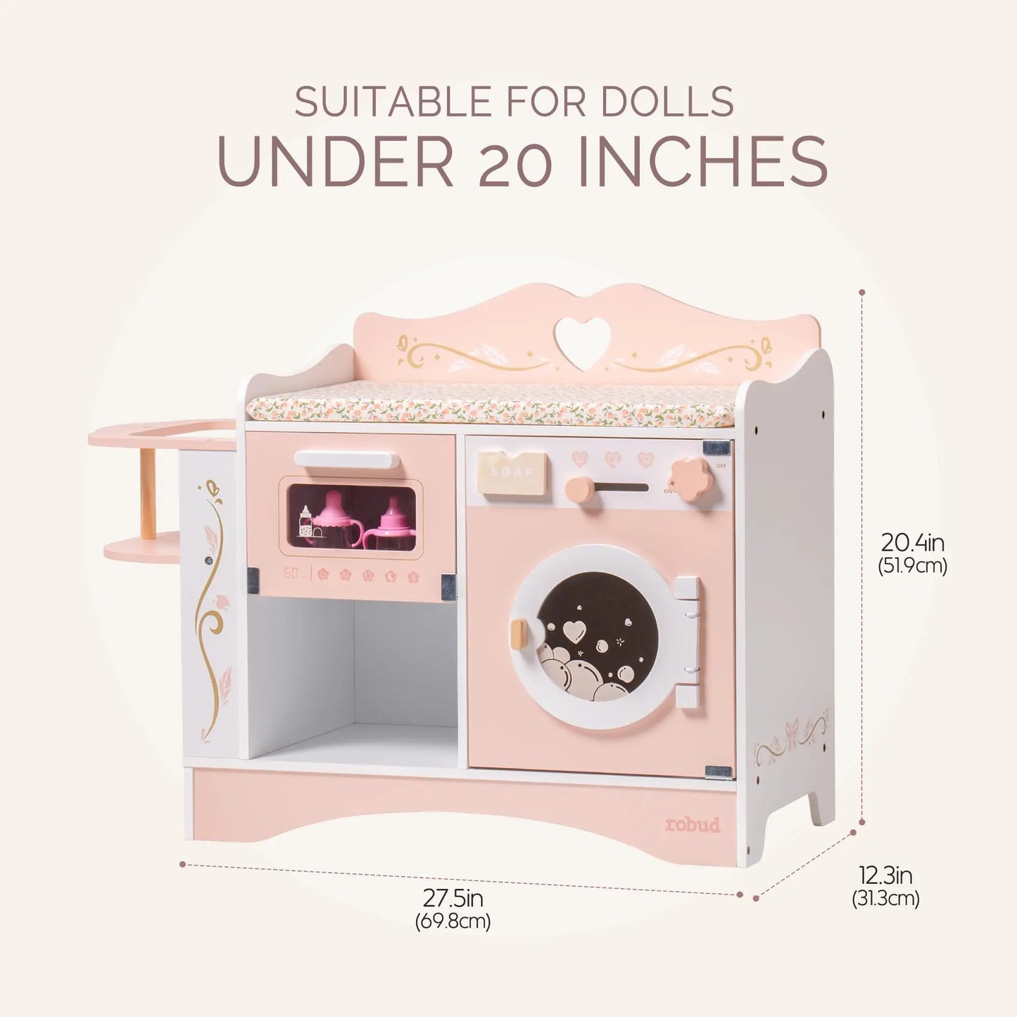 ROBUD Baby Doll Crib Pink Pretend Play Set Wooden Doll Changing Station with Seat Toy Crib Ideal Birthday Gift for Kids Age 3+