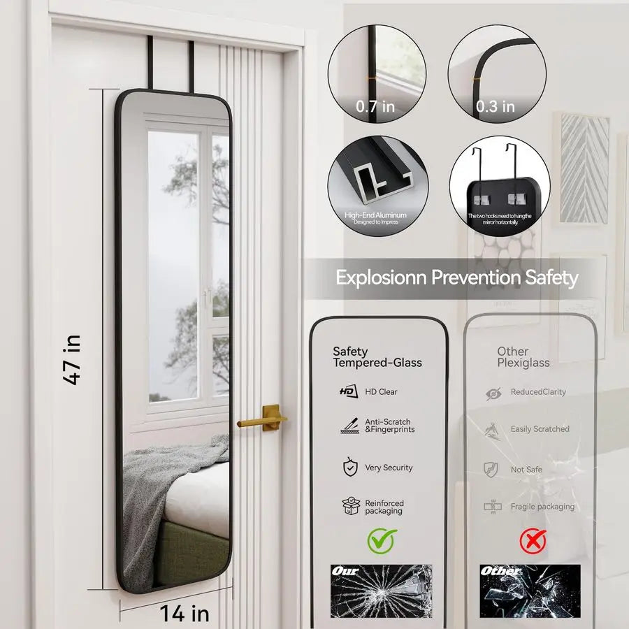 Rectangle Full Body Mirror With Aluminum Alloy Frame For Door Hanging Wall Mount