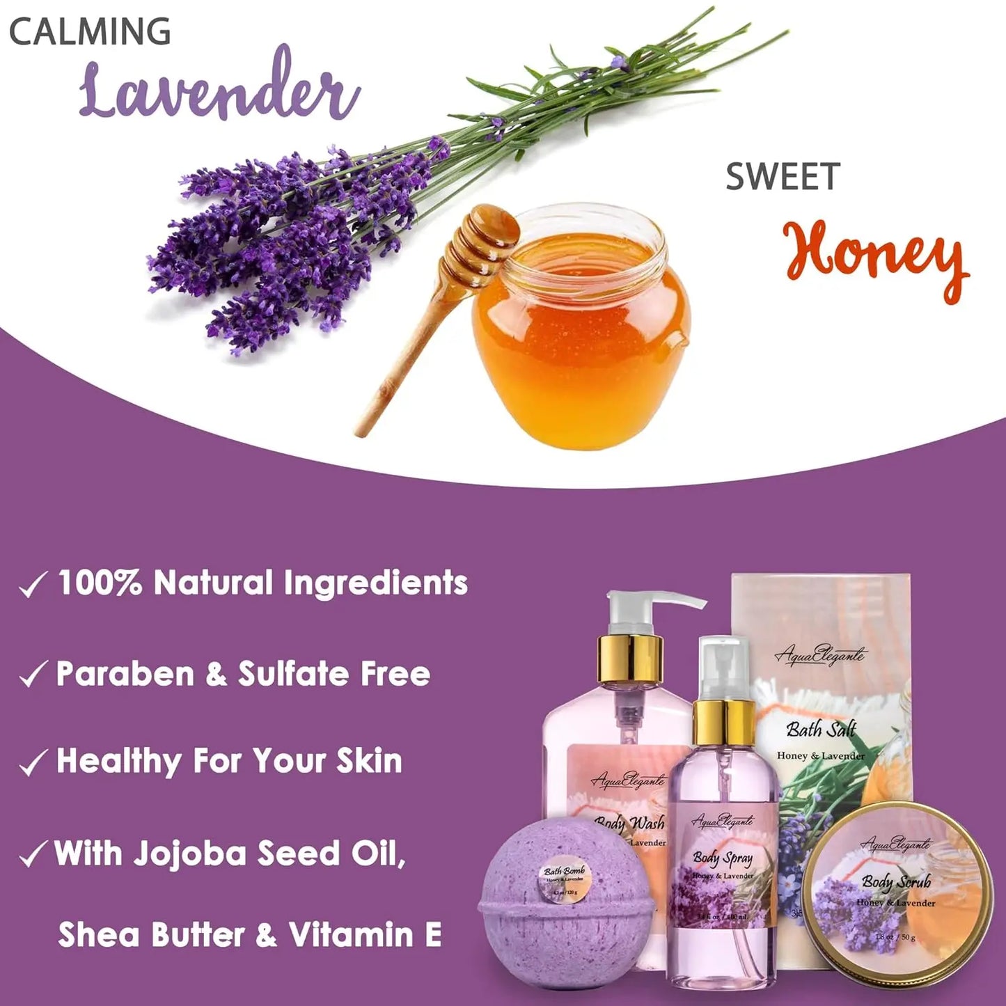 Luxury Bath Spa Gift Set with Honey Lavender - Wash, Bubble Bath, Lotion, Salts, Scrub, Spray, Puff, Bombs, Soap & Towel