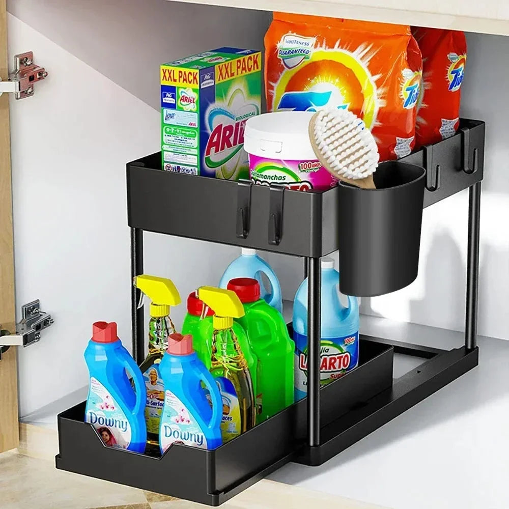 Two Tier Under Sink Sliding Cabinet Organizer Rack With Hooks