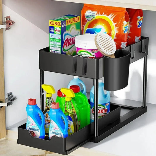 Two Tier Under Sink Sliding Cabinet Organizer Rack With Hooks