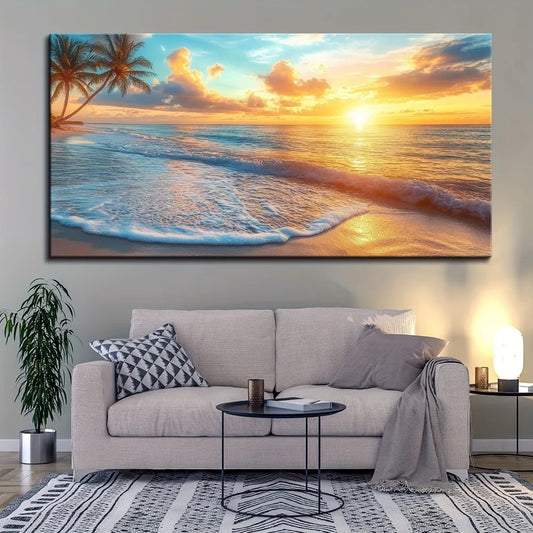 1.5 inch thick pine solid wood frame, natural scenery canvas mural, ocean sunset coast scenery beach picture wall decoration