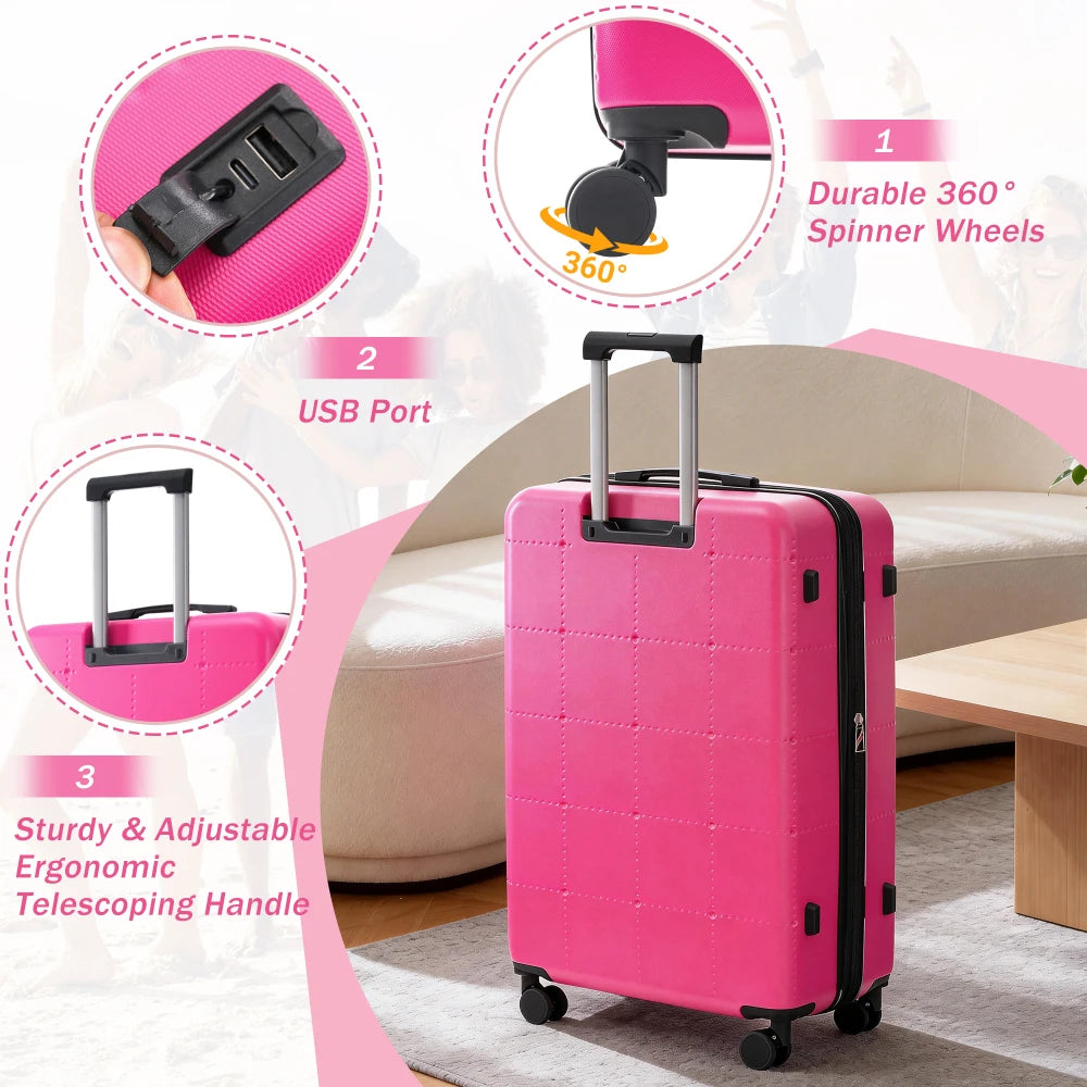 Checked Suitcase with USB Port Spinner Wheels - TSA Lock, Airline-Approved - Lightweight  Polypropylene Expandable Hardshell