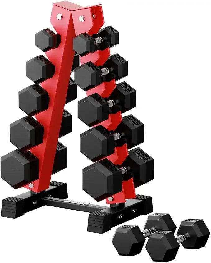 RitFit Rubber Hex Dumbbell Set With Rack 250-650 Lb
