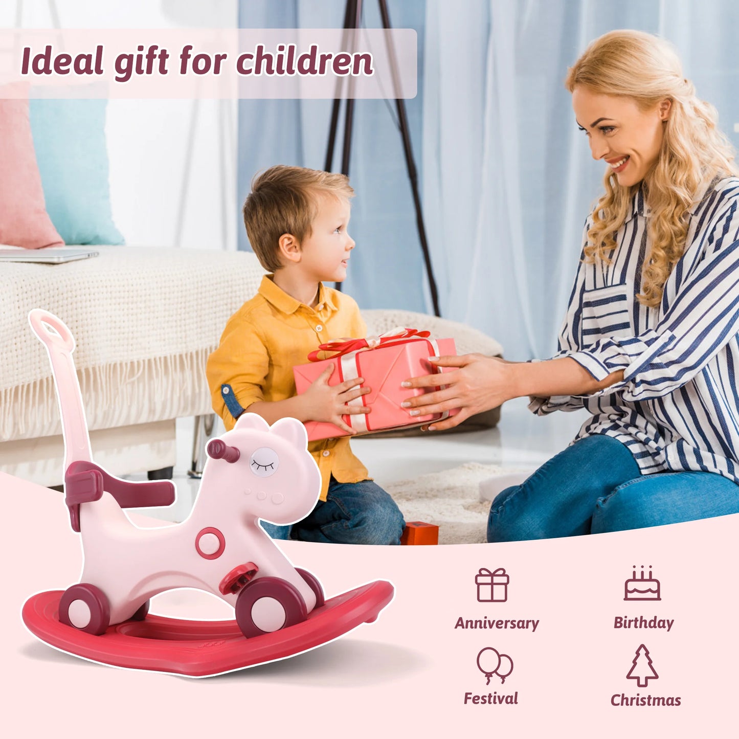 Toddler Rocking Horse Ride‑On Toy, Convertible Baby Rocker & Sliding Car with Backrest, Safe Indoor Play Gift for 1‑3Y Kids Boys Girls
