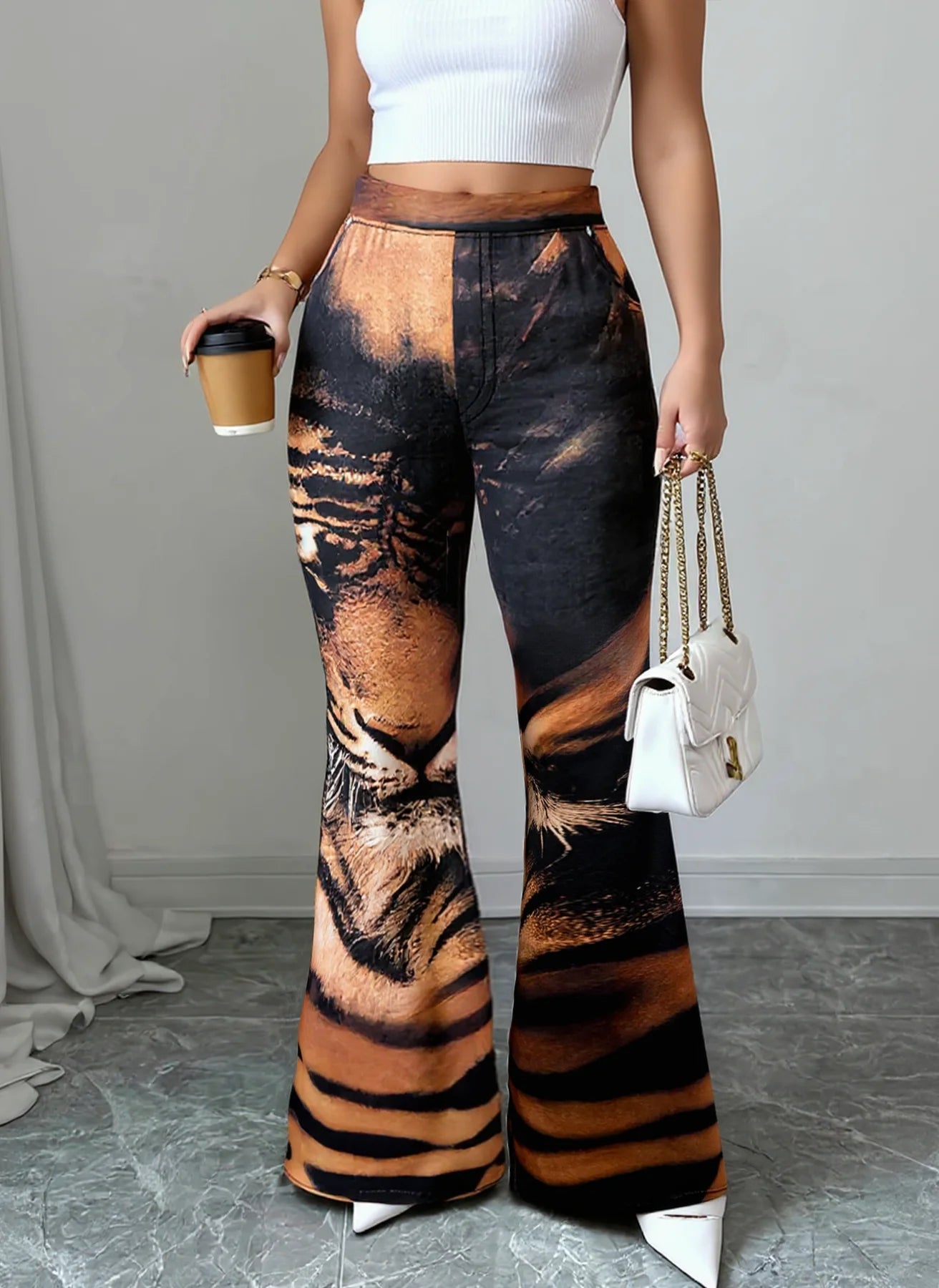 Women High Waist Tiger Print Flare Pants Vintage Animal Pattern Stretch Bell‑Bottom Trousers Club Party Streetwear Pants