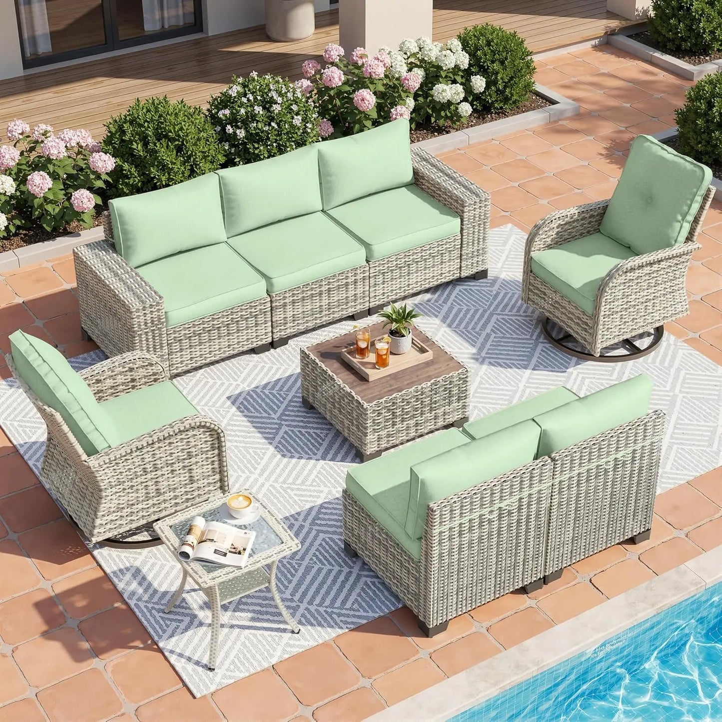9-Piece Outdoor Patio Furniture Set with Rocking Swivel Chair Wicker Sectional Sofa Set, Patio Conversation Set with, Custom