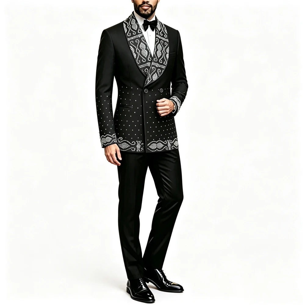 Men Black 2 Pieces Tuxedo Suit Silver Rhinestone Embroidery Shawl Lapel Double Breasted Blazer Pants Set Wedding Groom Prom Party Formal Suit