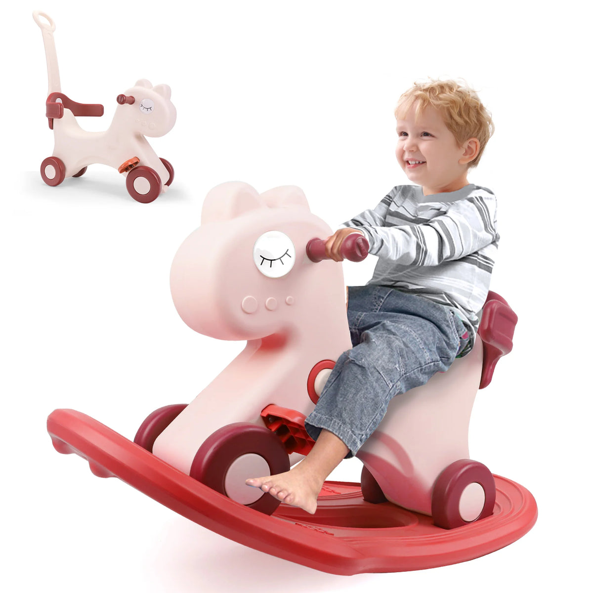 Toddler Rocking Horse Ride‑On Toy, Convertible Baby Rocker & Sliding Car with Backrest, Safe Indoor Play Gift for 1‑3Y Kids Boys Girls