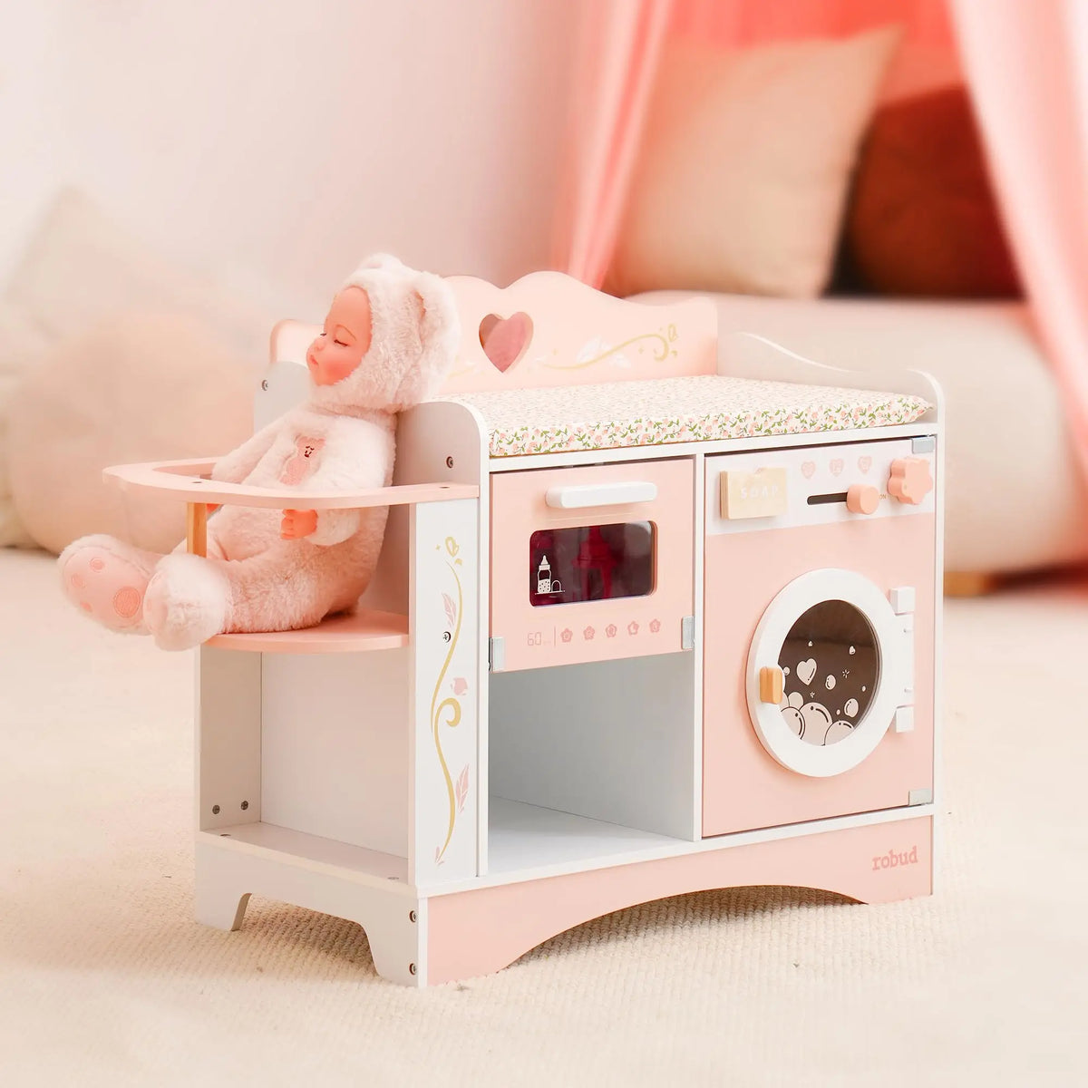ROBUD Baby Doll Crib Pink Pretend Play Set Wooden Doll Changing Station with Seat Toy Crib Ideal Birthday Gift for Kids Age 3+