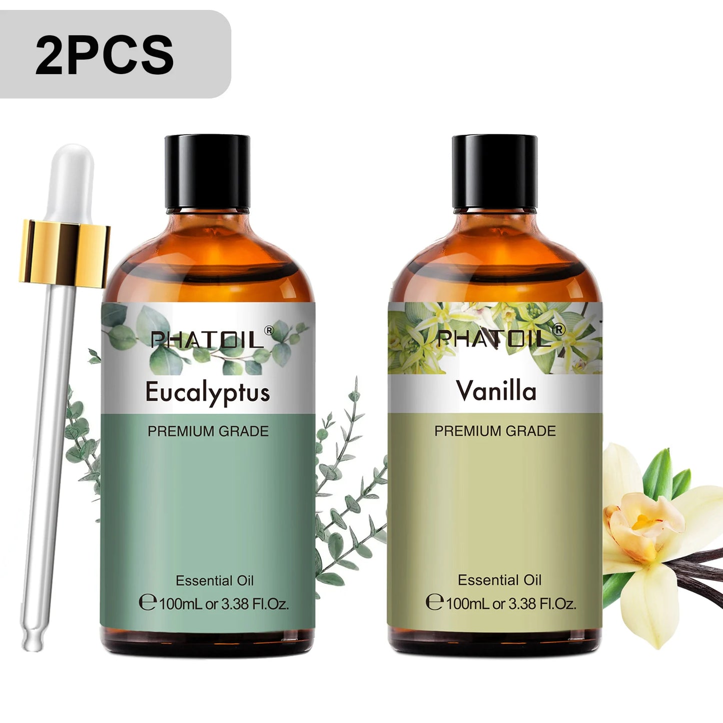 PHATOIL 2PCS Pure Aromatherapy Essential Oils for Diffuser Humidifier Soap Candle Making 100ml Vanilla Lavender Sandalwood Lemon Cinnamon Aroma Essential Oil Set
