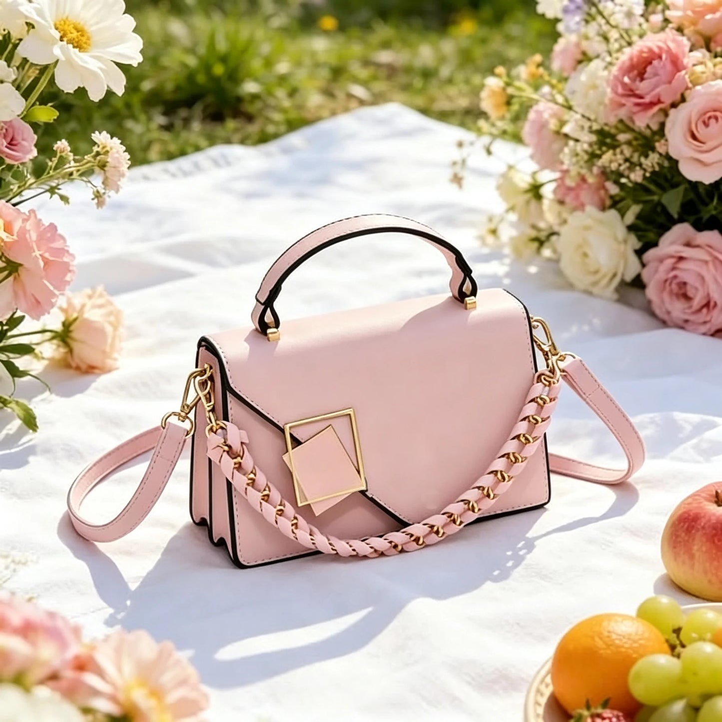 Women Small Square Handbag PU Leather Chain Shoulder Crossbody Bag Geometric Metal Lock Flap Top‑Handle Purse For Daily Work Shopping