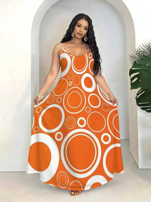 Women Sleeveless V Neck Maxi Dress Circle Print Beach