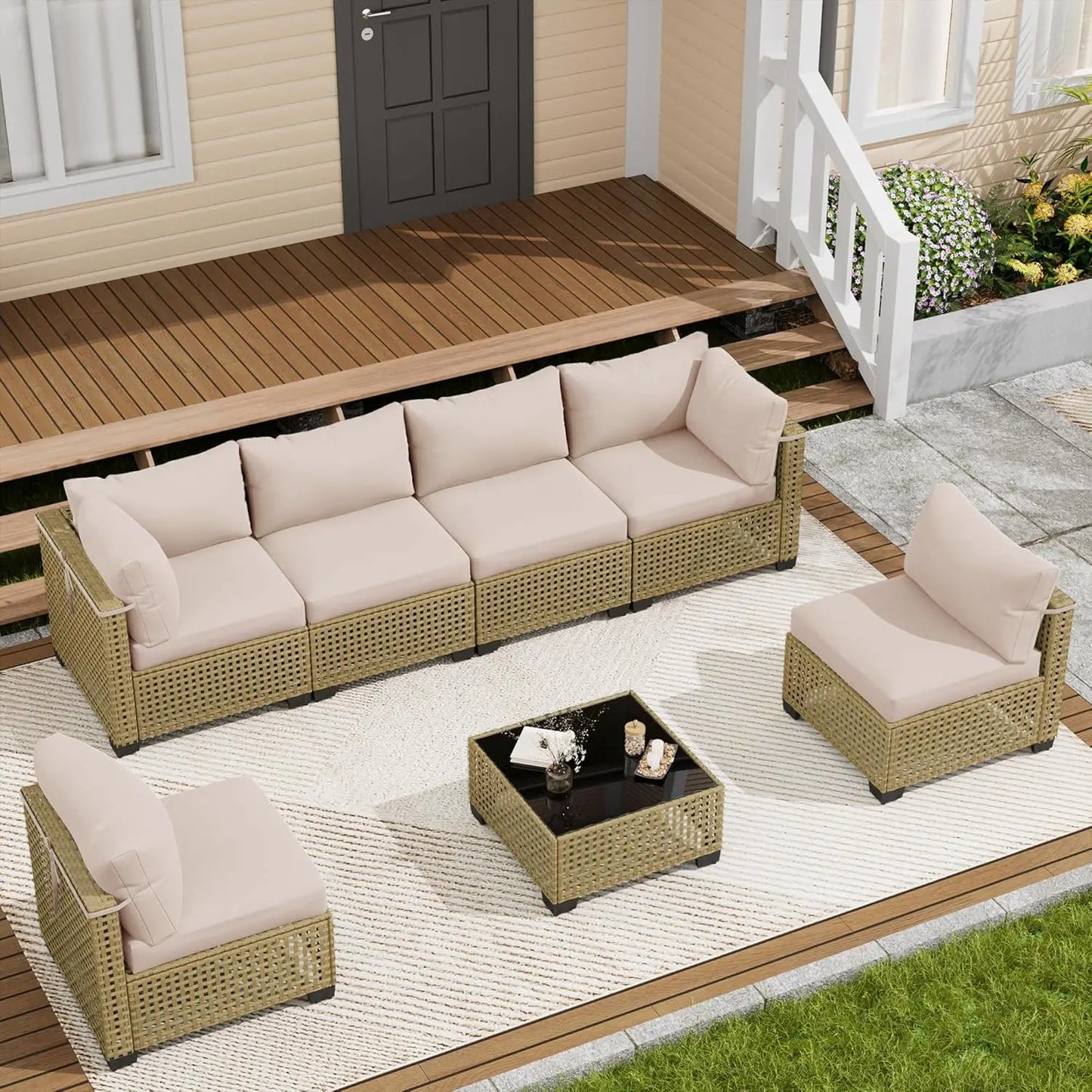 7 Piece Outdoor Patio Furniture Set, Outdoor Sectional Sofa, Wicker Rattan Patio Furniture, Patio Conversation Set with, Custom