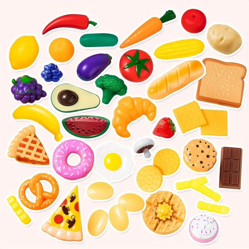 JOYFY 50 Pcs Kitchen Toys Kit Dinnerware Dummy Fruits Vegetables Plastic Accessories for Children Christmas Birthday Gift.