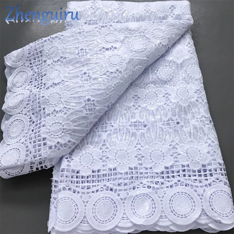 Pure White Nigerian Guipure Lace Fabric Water Soluble African Sequin Cord