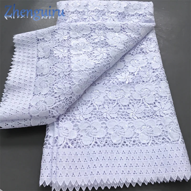 Pure White Nigerian Guipure Lace Fabric Water Soluble African Sequin Cord