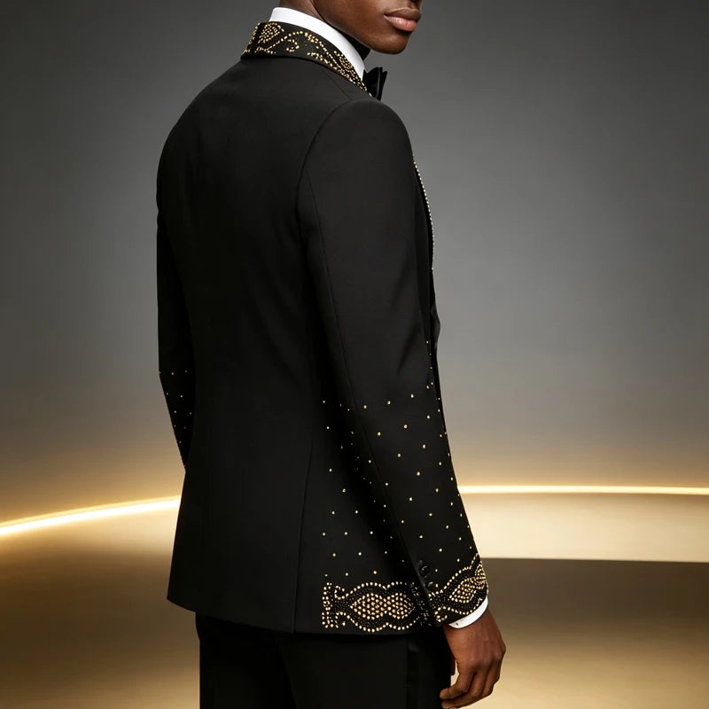 Men's 2‑Piece Tailored Paisley Rhinestone Tuxedo Suit Set‑ Slim Fit Shawl Lapel Long‑Sleeve Suit Jacket & Pants, Formal Outfit for Weddings & Parties