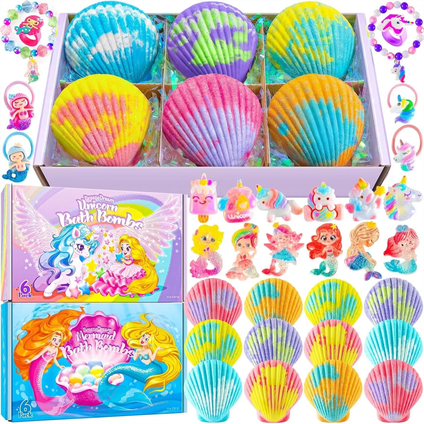 Shell Bath Bombs for Girls – 12 Pack with 20 Surprise Toys, 6 Fruity Scents, Mermaid & Unicorn Themes, Gift for Kids