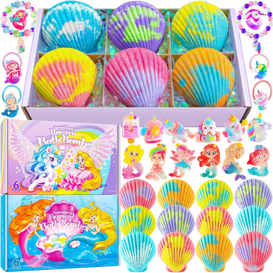 Shell Bath Bombs for Girls – 12 Pack with 20 Surprise Toys, 6 Fruity Scents, Mermaid & Unicorn Themes, Gift for Kids