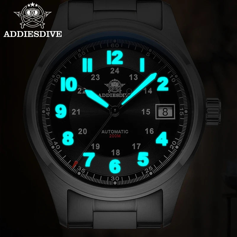 Addiesdive Automatic Watch Mens 200m Luminous Sapphire Glass