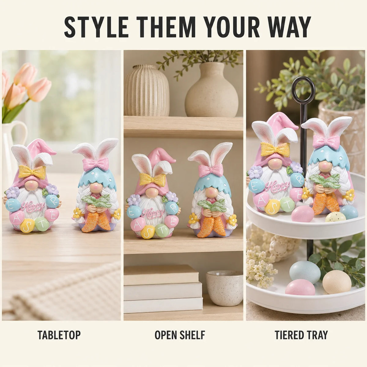 Hodao 5in Easter Gnome Figure Set, Premium Resin Bunny Gnomes with Glitter Bows, Pastel Eggs, Flowers and Sparkle Carrot, Cute Collectible Spring Decor for Tabletop Shelf Mantel Living Room Tiered Tray, Easter Party Home Deco