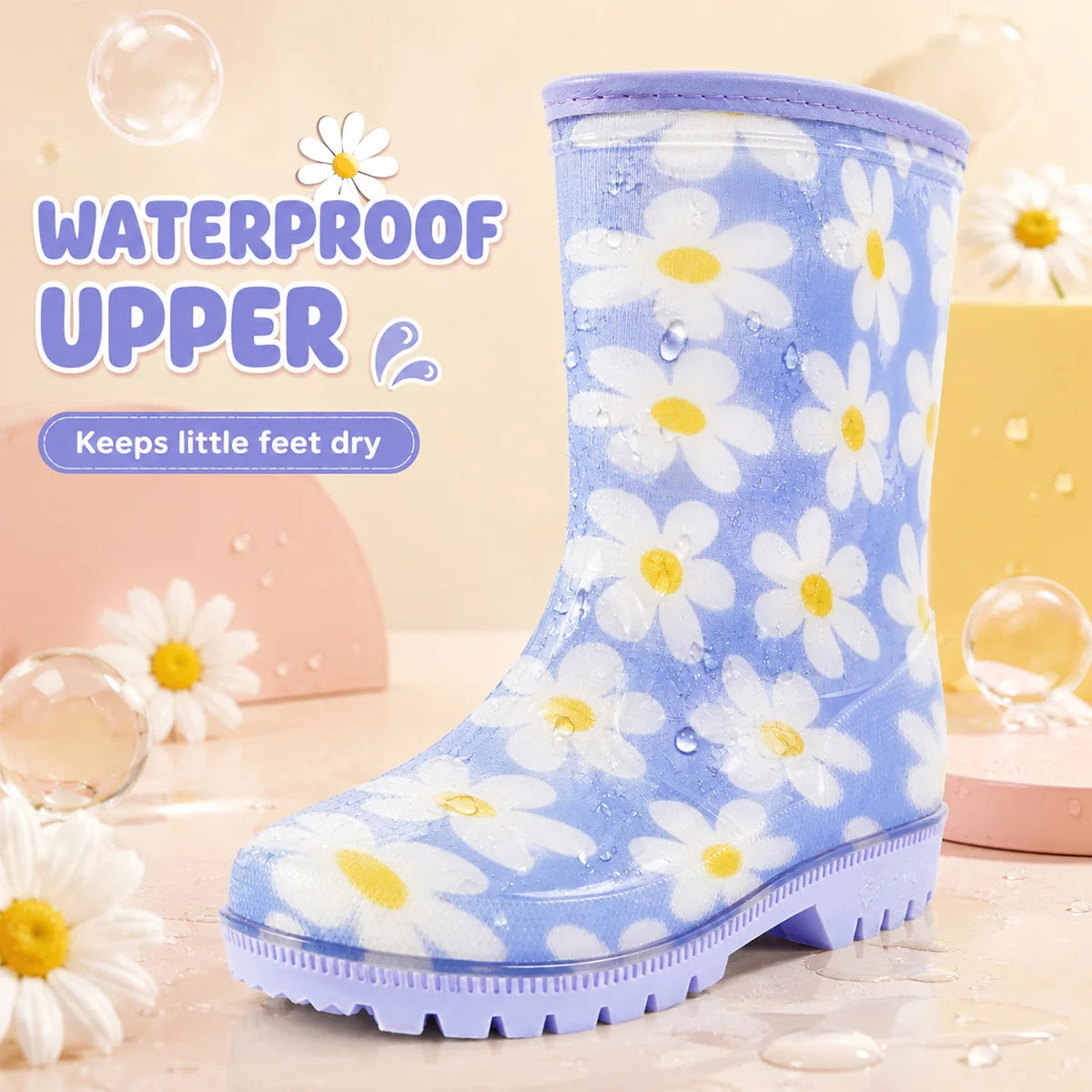 Kids Rain Boots With Fresh Daisy Print, Thickened Anti-slip Sole, Easy to Put On & Take Off, Water Shoes for Baby Outdoor Adventures