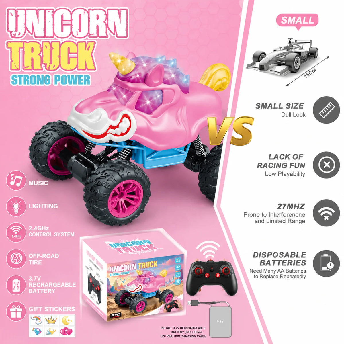 Unicorn RC Monster Truck 2.4GHz Remote Control Stunt Car with LED Lights Music 360° Rotation Off Road Vehicle Kids Birthday Gift