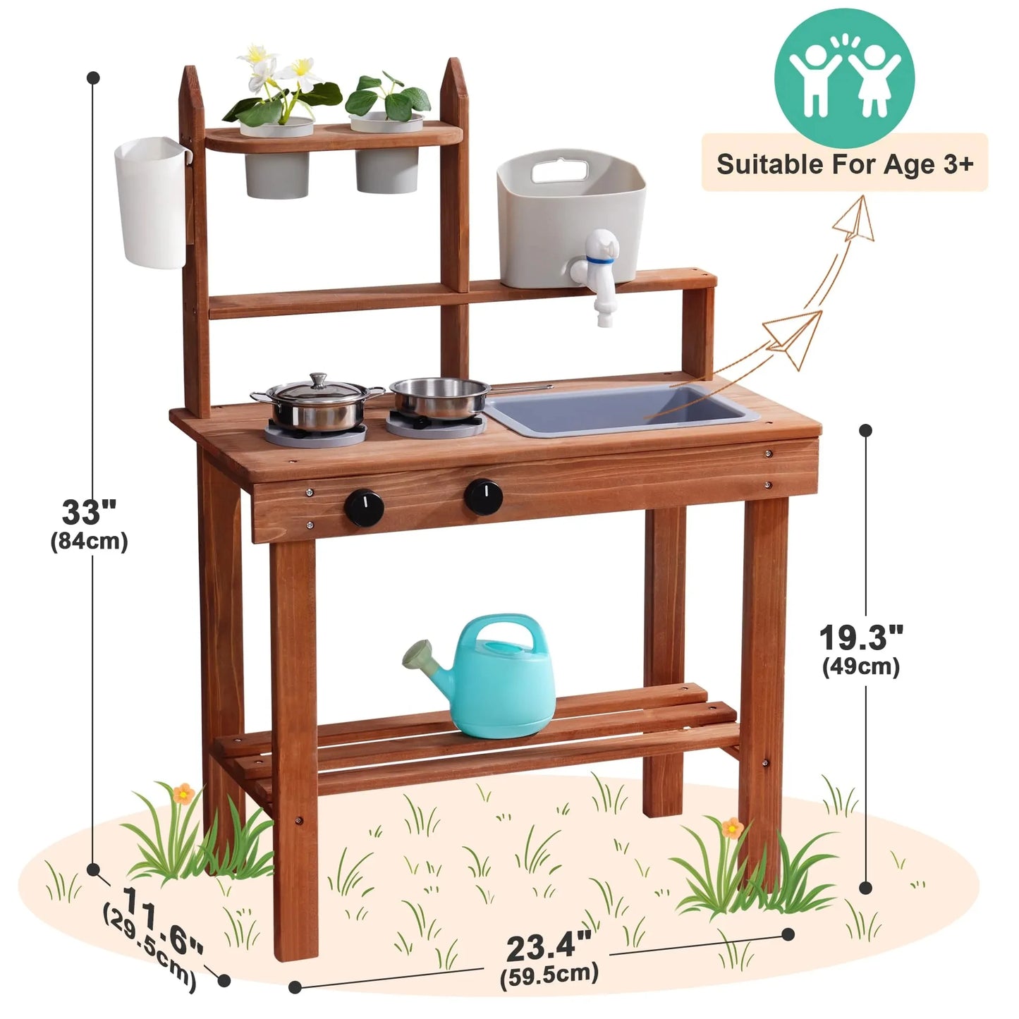 Robud Wooden Outdoor Mud Kitchen with Sink Stoves Gardening Tools Realistic Backyard Fun Unique Birthday Gift for Ages 3+