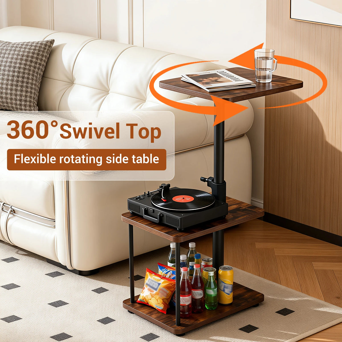 Adjustable Height 360° Swivel C Shaped Side Table With 3 Tier Storage, Space Saving Sofa Bed Laptop Table, Home Office Bedroom