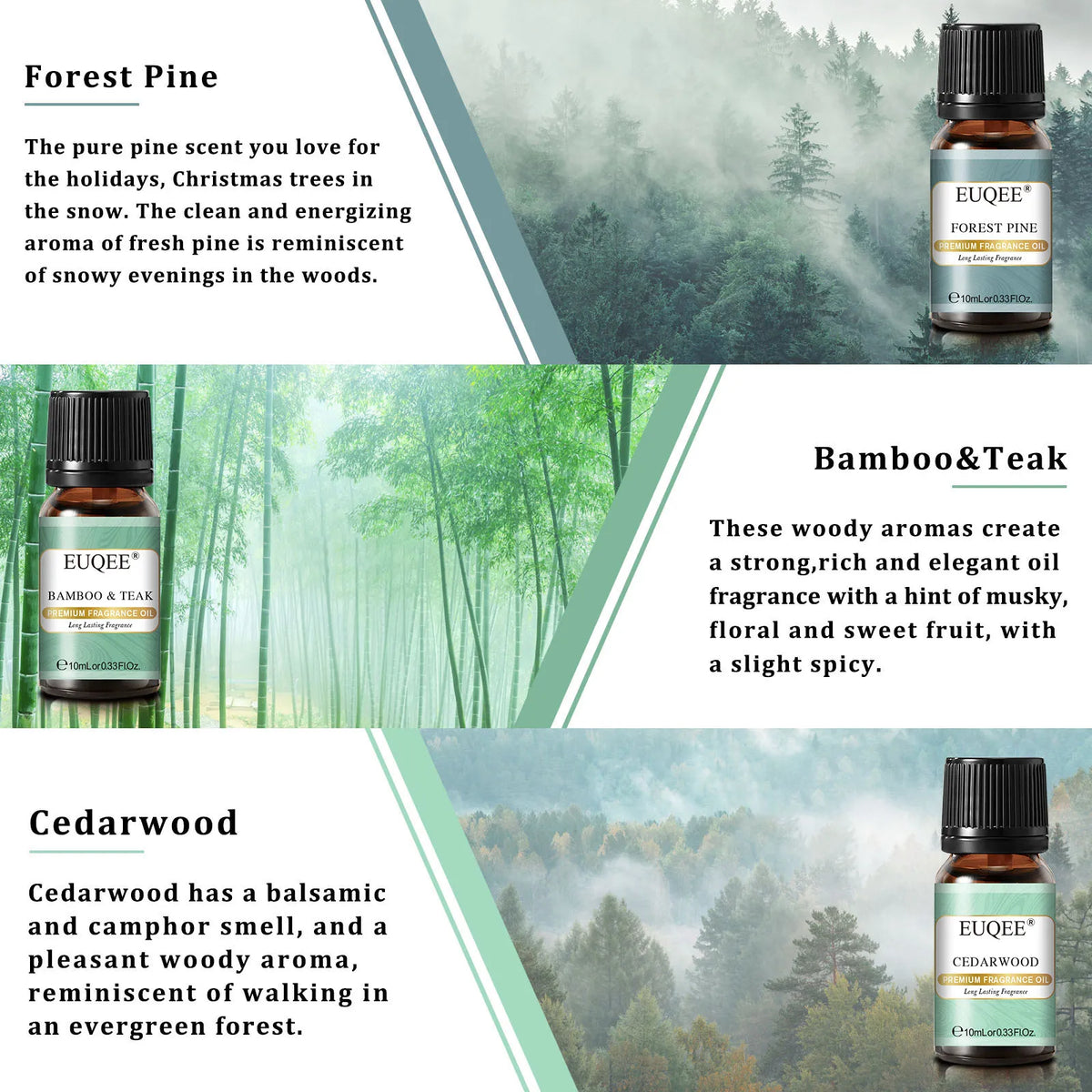EUQEE 6 Bottle Fragrance Oils Gift Set For Soap Candle Making -10ml Freesia,Sea Breeze,Sandalwood,Cedarwood,Bamboo & Teak,Forest Pine Aroma Oil