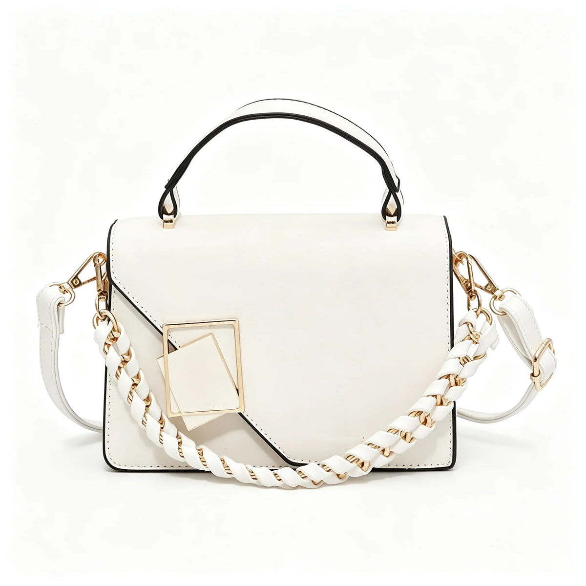 Women Small Square Handbag PU Leather Chain Shoulder Crossbody Bag Geometric Metal Lock Flap Top‑Handle Purse For Daily Work Shopping