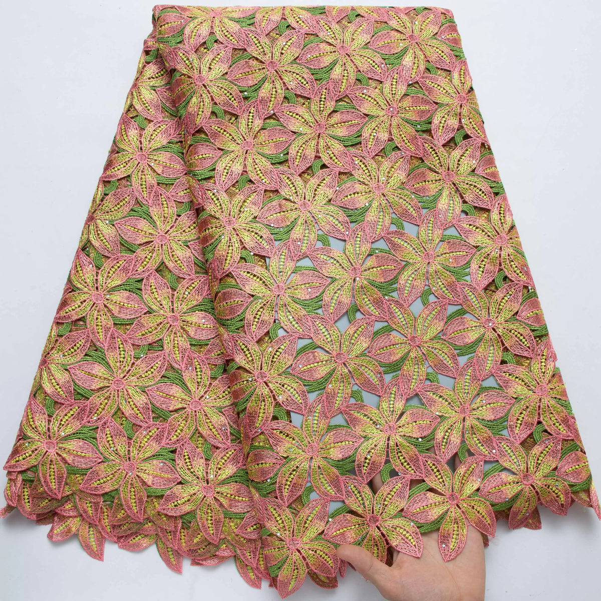SJD LACE Nigerian Water Soluble Lace Fabric Tricolor Color Embroidered African Guipure Floral Lace for Sewing Wedding Party Evening Dress US Shipping 4632