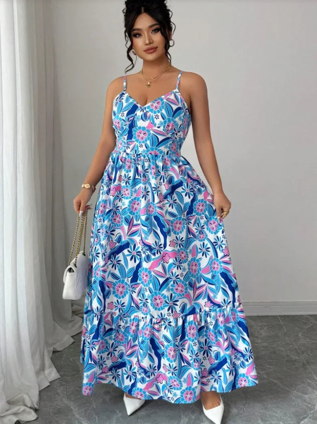Women Elegant Floral Polyester Camisole Casual Dress