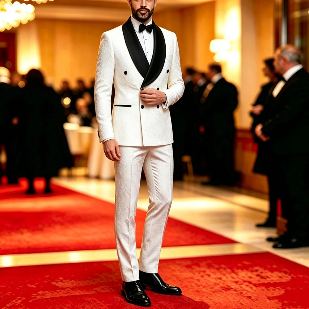 Men Double Breasted White Jacquard Tuxedo 2PCS Black Satin Shawl Lapel Suit Jacket Pants Formal Prom Banquet Wedding Groom Outfit
