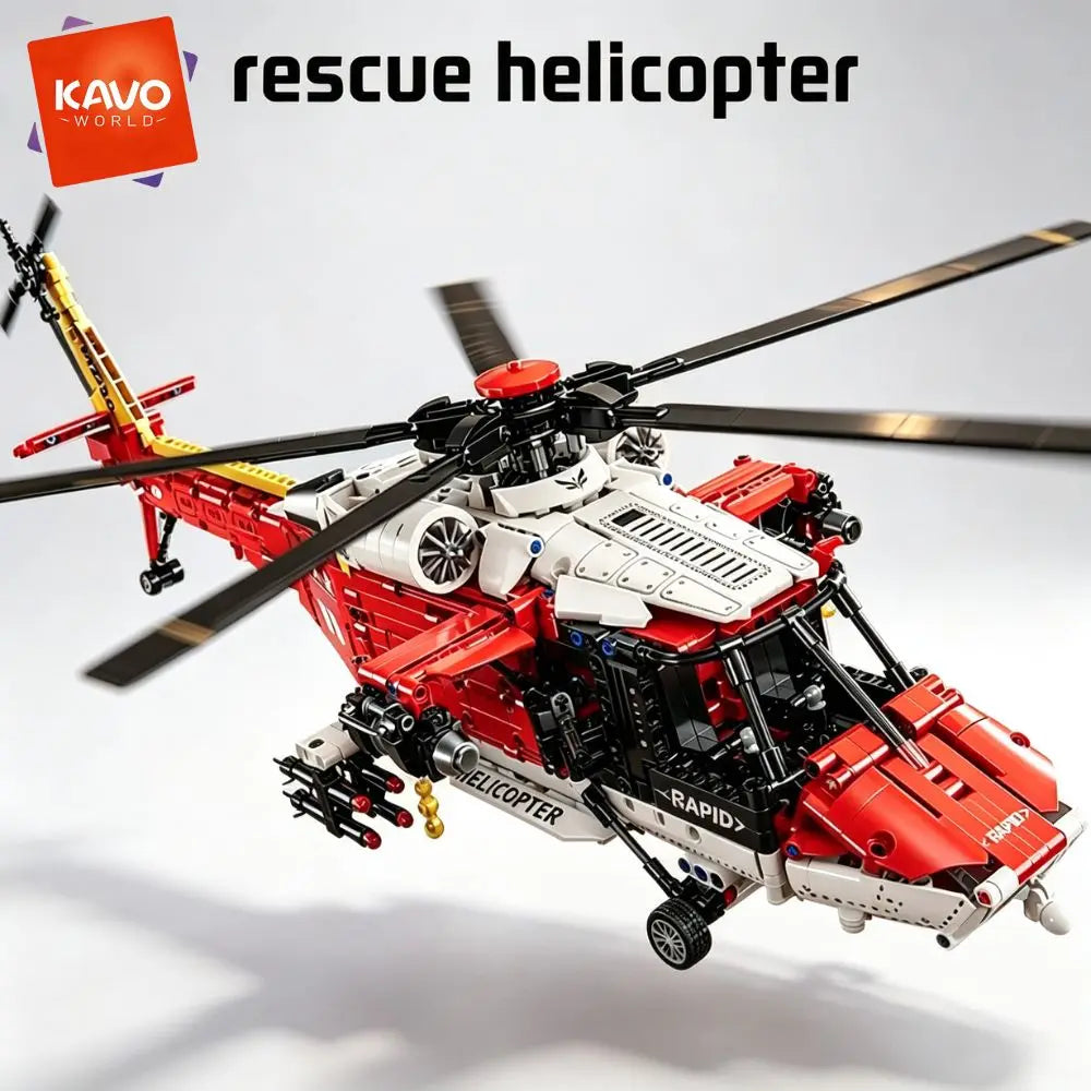 KAVOWORLD 1528pcs Large SAR Rescue Helicopter Building Blocks Red Armed Military Aircraft Model Kit Search and Rescue Chopper Construction Toy Manual Rotating Rotor Winch Hook, Emergency Air Ambulance Bricks for Adult Home Di