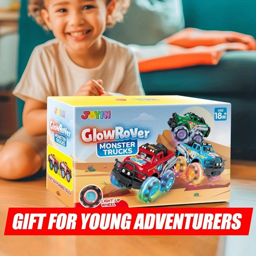 JOYFY 3Pack Kids Monster Truck Toy with Flashing LED Wheels Light-Up Cars for Toddlers Birthday Christmas Gift Friction-Powered