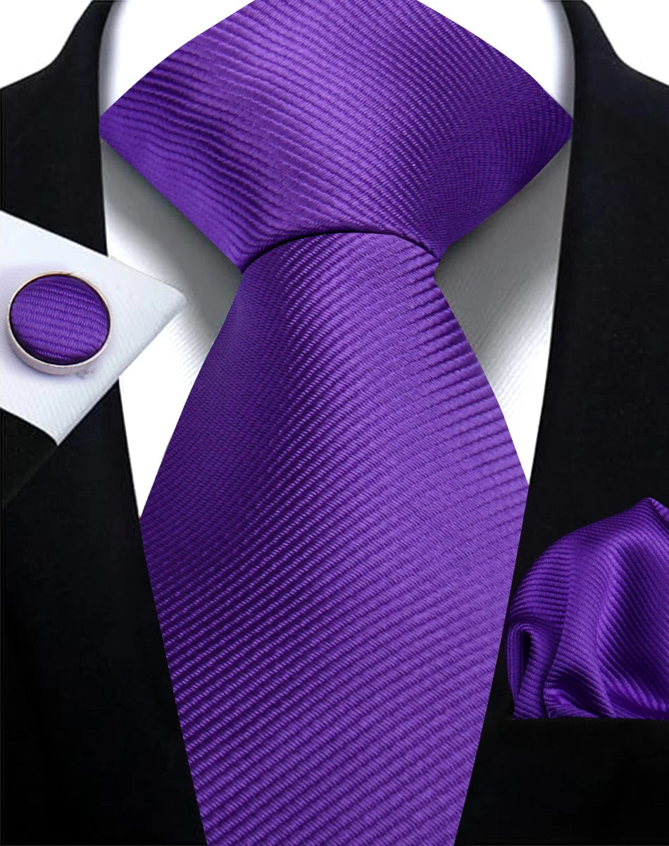 Solid Necktie Set With Handkerchief And Cufflinks For Men