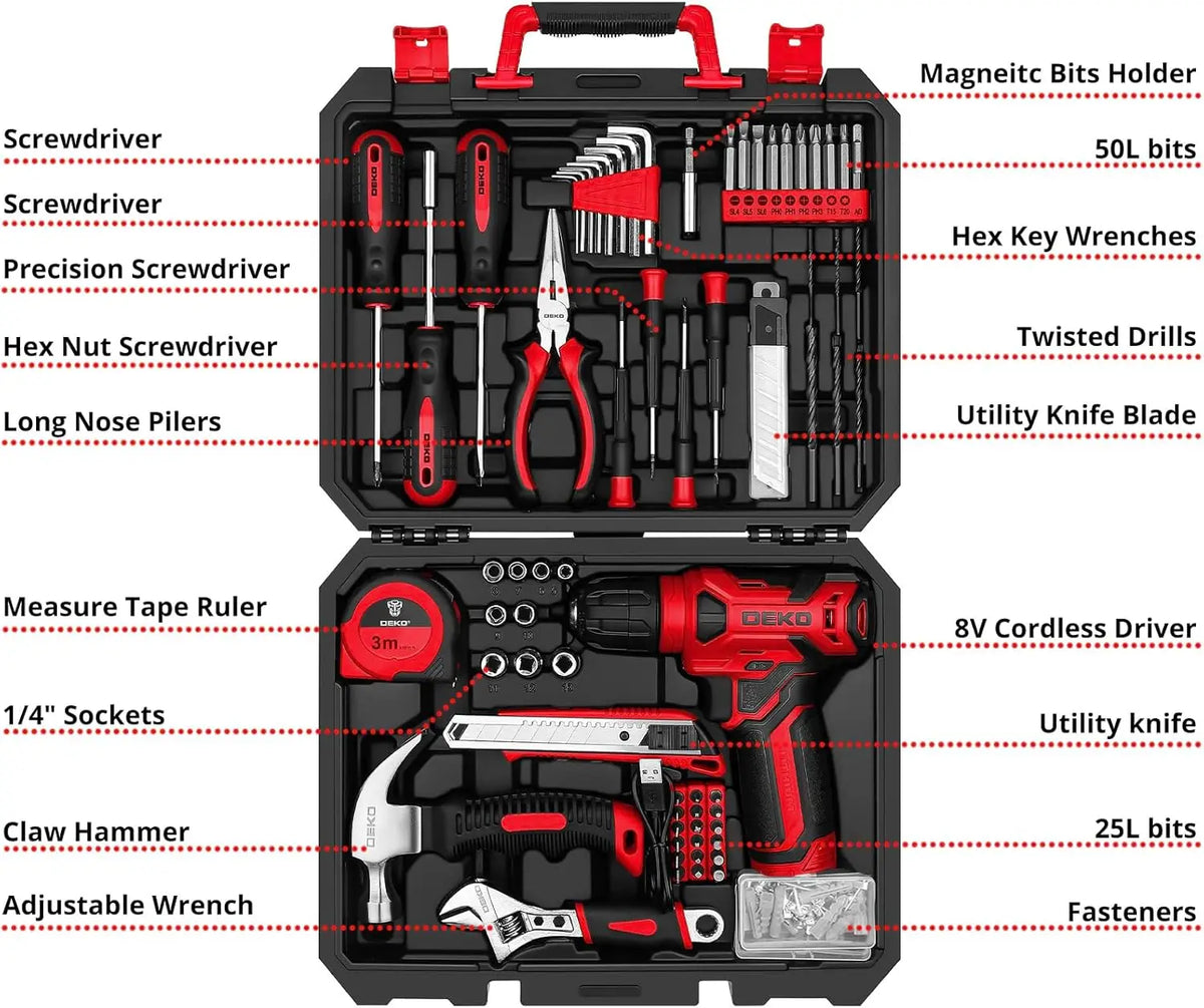 DEKO 126 Piece Cordless Drill and Household Hand Tool Kit