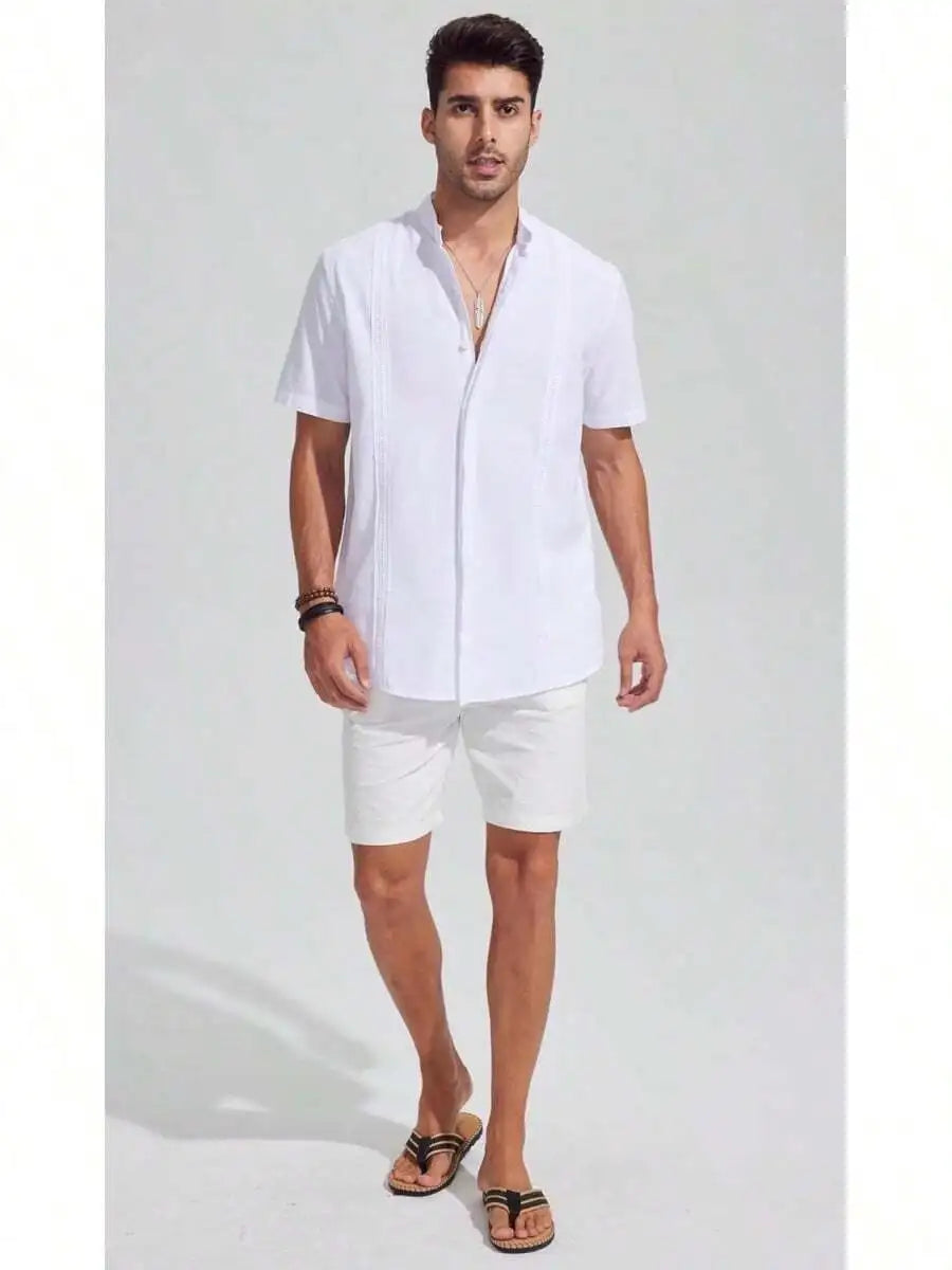 Mens Casual Linen Button Down Short Sleeve Shirt Beach Summer Spread Collar