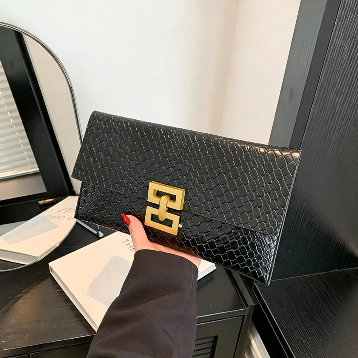 Black Snake Print Women Clutch Bag Gold Square Lock Envelope Evening Purse Wedding Party Prom Shoulder Crossbody Handbag