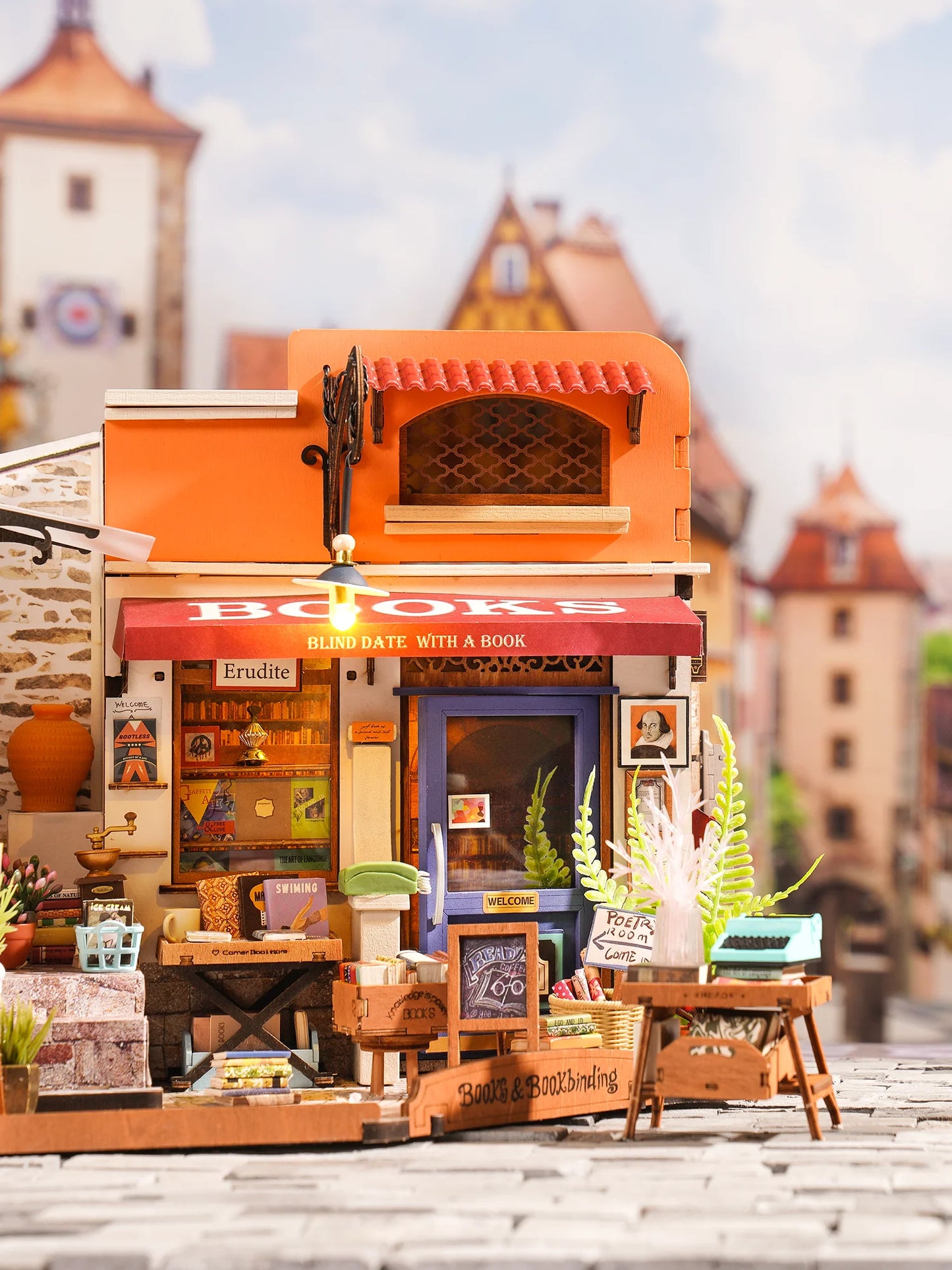 Rolife Wooden Dollhouse 3D Puzzle Toys Corner Bookstore DIY Miniature House Model Building Kit with LED Light for Home Decor Birthday Gift for Adults Friends
