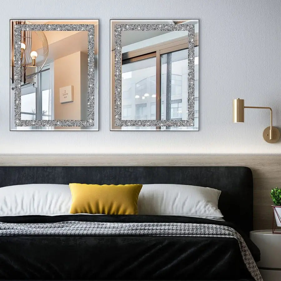 Rectangular Wall Mirror With Crystal Diamond Accents For Bathroom