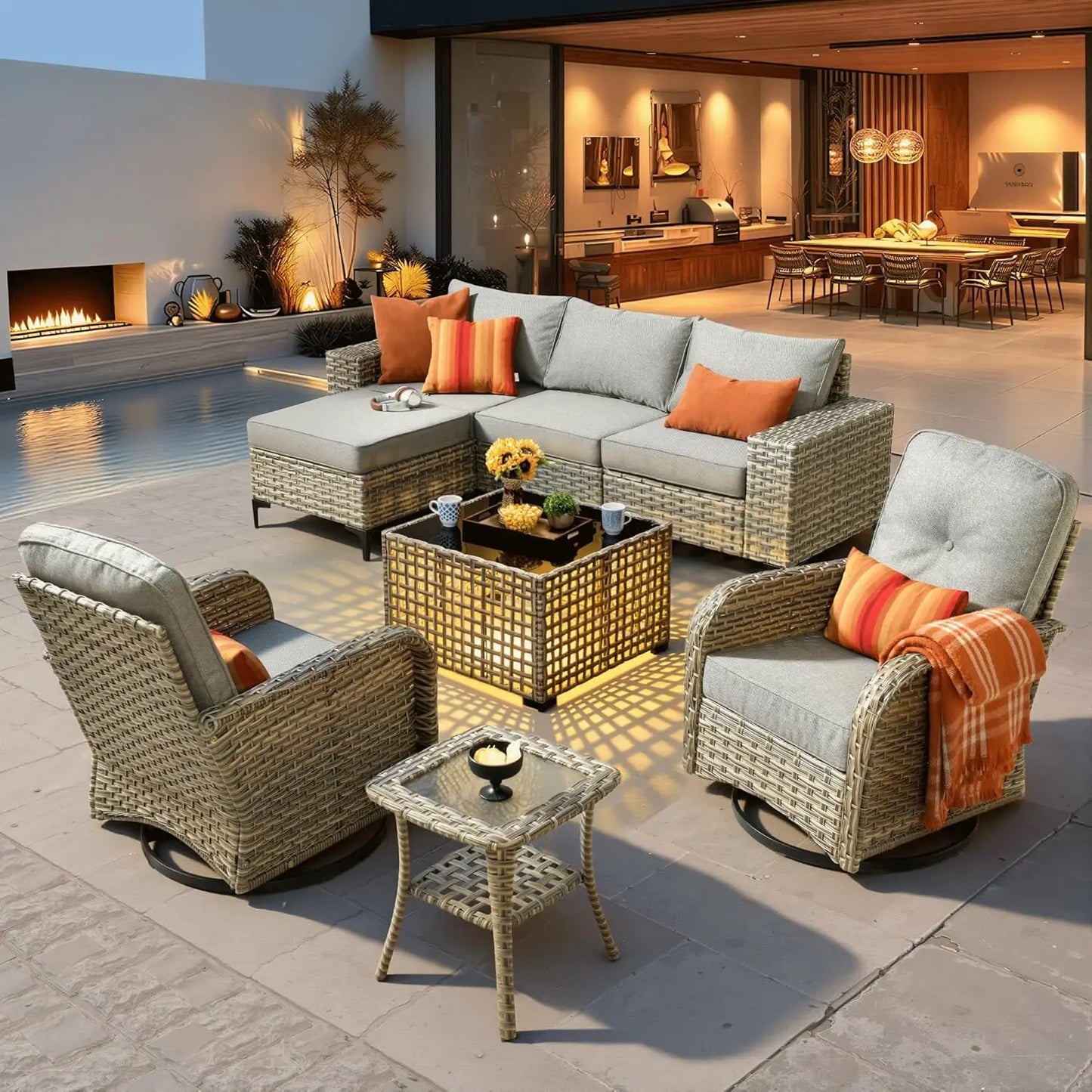 8-Piece Patio Furniture Set with L-Shape Sofa Chaise, Outdoor Sectional Couch Swivel Gliders Solar Table, Modern, Customized