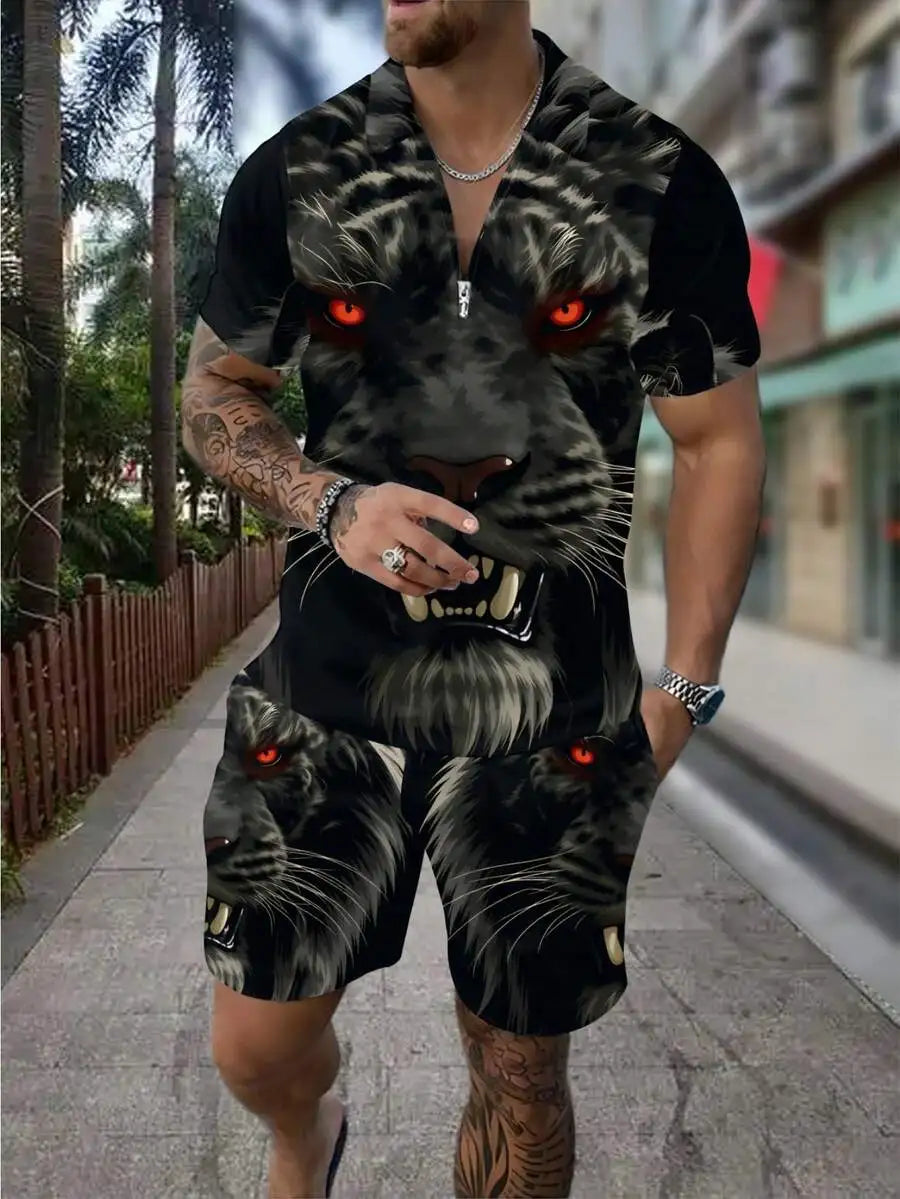 Men's 3D Print  Red Eyes Zipper Polo Shirt & Shorts Set Summer Casual Street Style Beach Vacation Sportswear Men's Fashion For