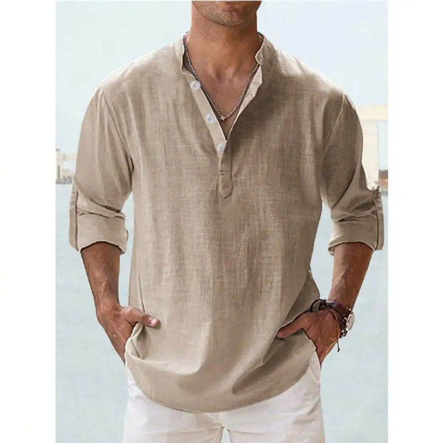 Mens 100% Cotton Stand Collar Long Sleeve Loose Fit Casual Shirt