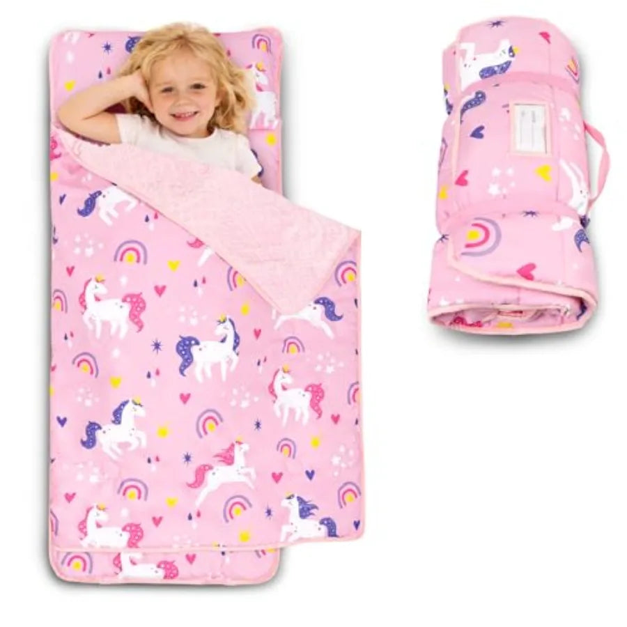 Toddler Nap Mat with Pillow and Minky Blanket Large 55"x38" Sleeping Bag Washable Lightweight Easy to Roll Perfect for Preschoo