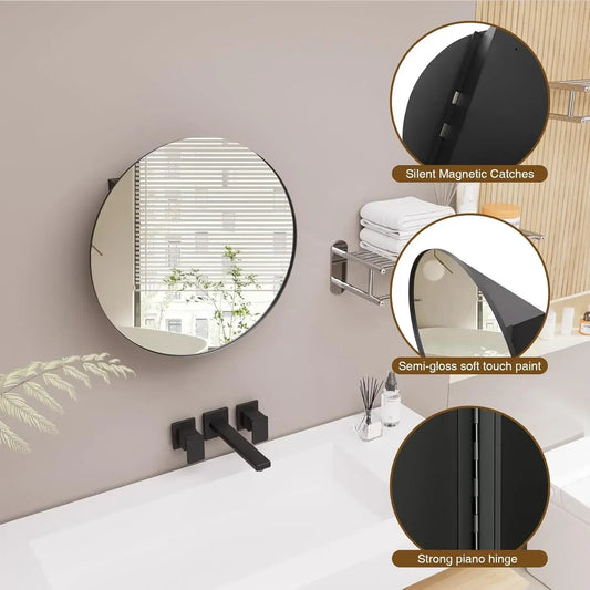 Bathroom Round Wall Mounted Medicine Cabinet With Mirror And Shelves