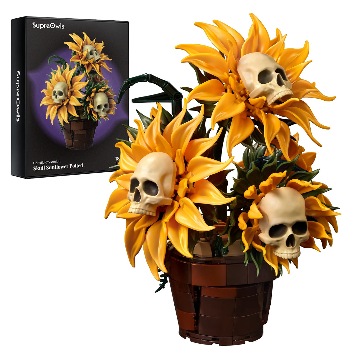 Skull Sunflower Pot Building Blocks Set Yellow Flower Bricks Skeleton Model Gothic Floral Home Decoration Ornament Halloween Gift for Adult