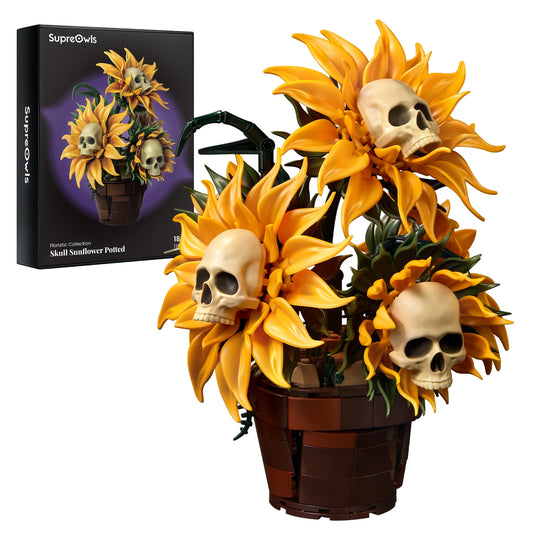 Skull Sunflower Pot Building Blocks Set Yellow Flower Bricks Skeleton Model Gothic Floral Home Decoration Ornament Halloween Gift for Adult